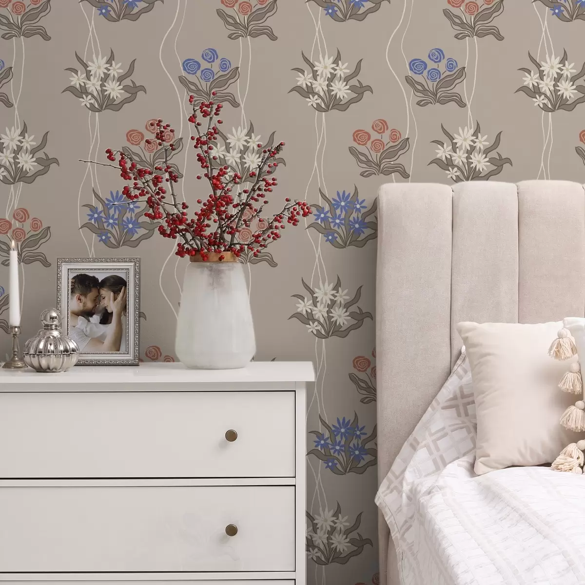 Háttérkép Retro virágok hullámos vonalakkal meleg bézs színű alapon a00503