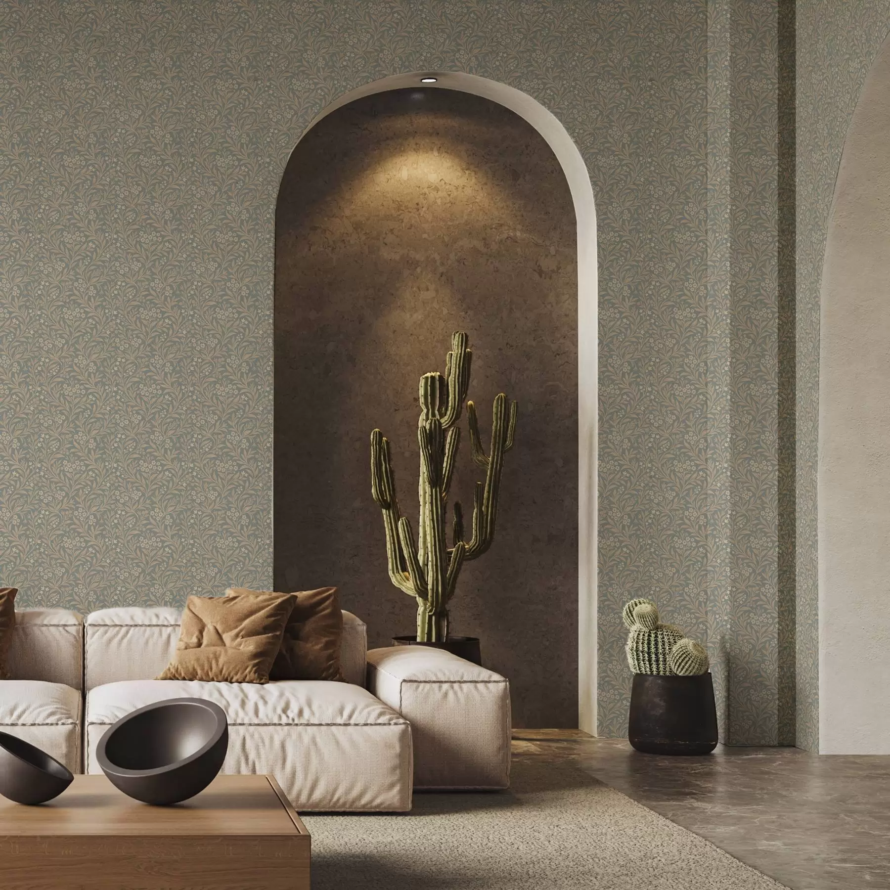 fotószőnyeg Morris stílus: bézs ágak szürkés-zöld háttérrel a00569