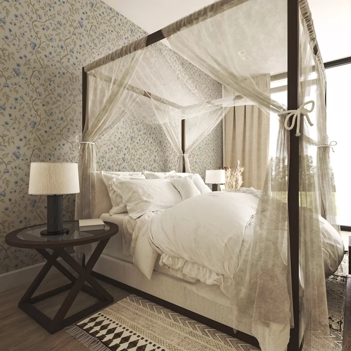 Háttérkép Kék virágos ágak lenvászon bézs háttérrel a00590