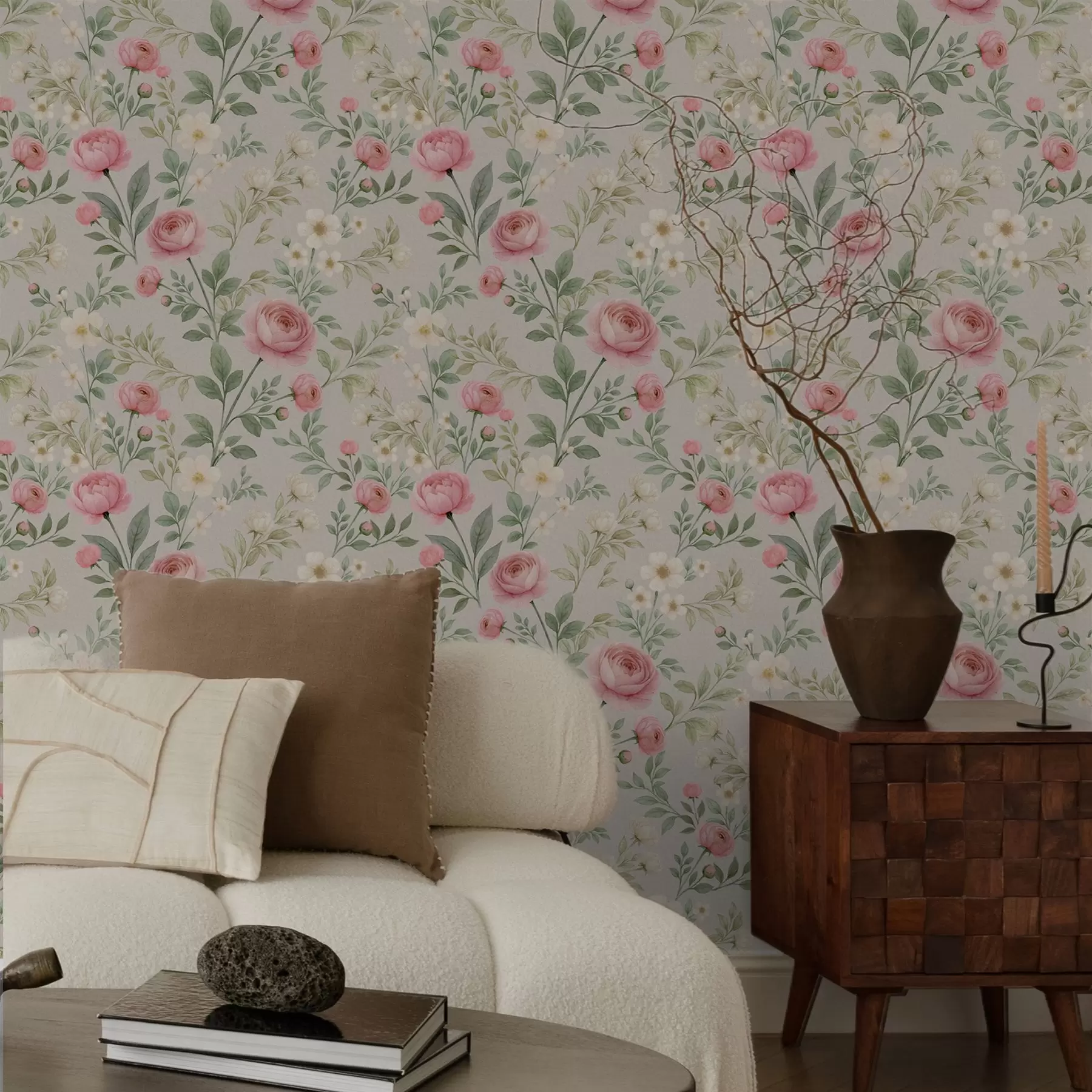 fotószőnyeg Akvarell pünkösdi rózsa és fehér virágok szürke-bézs alapon a00592