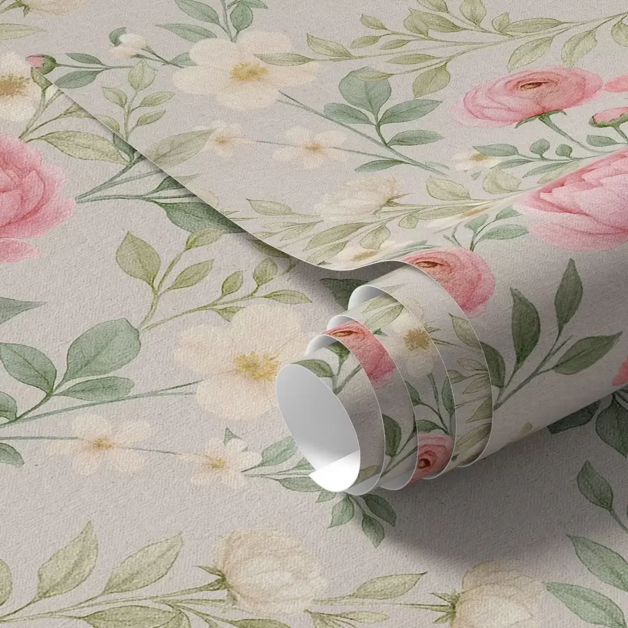 fotószőnyeg Akvarell pünkösdi rózsa és fehér virágok szürke-bézs alapon a00592