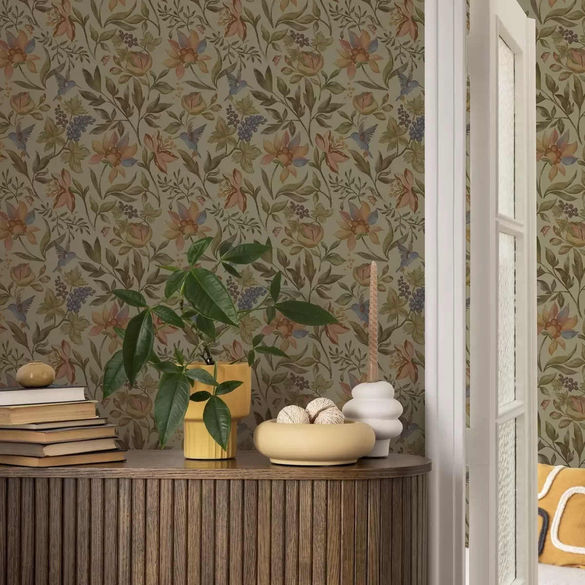 Háttérkép Vintage virágok és madarak szőlővel olíva háttérrel a00594