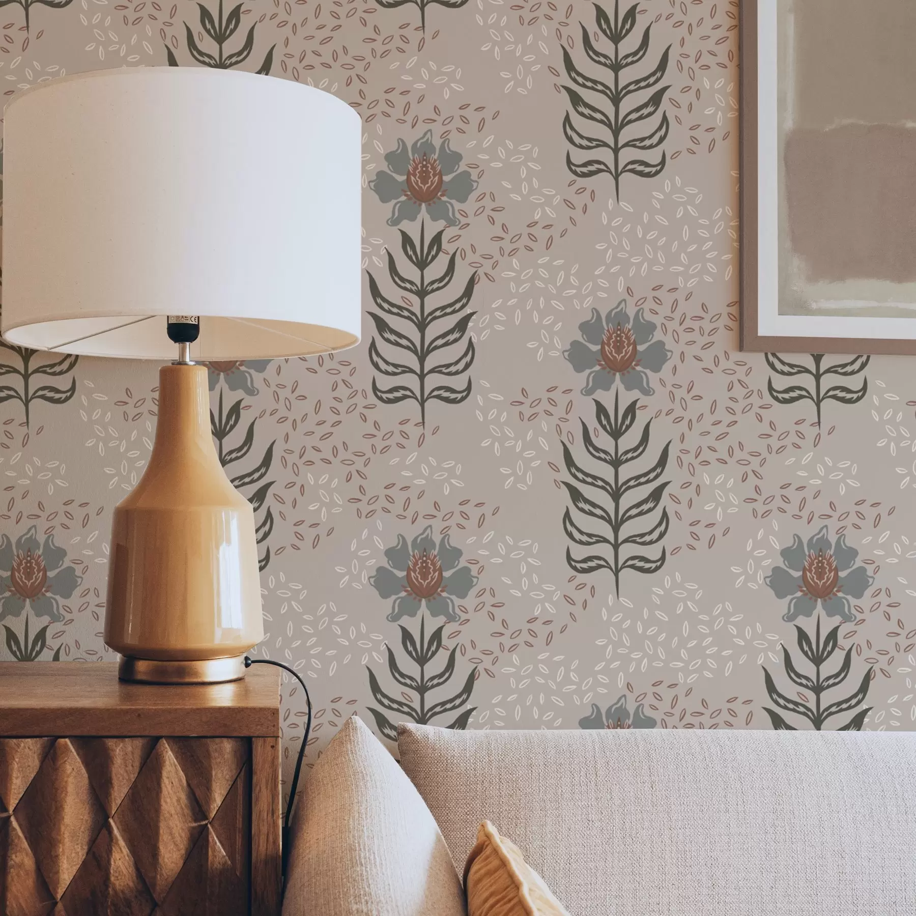 fotószőnyeg Stilizált virágok és magok meleg bézs színű alapon a00604