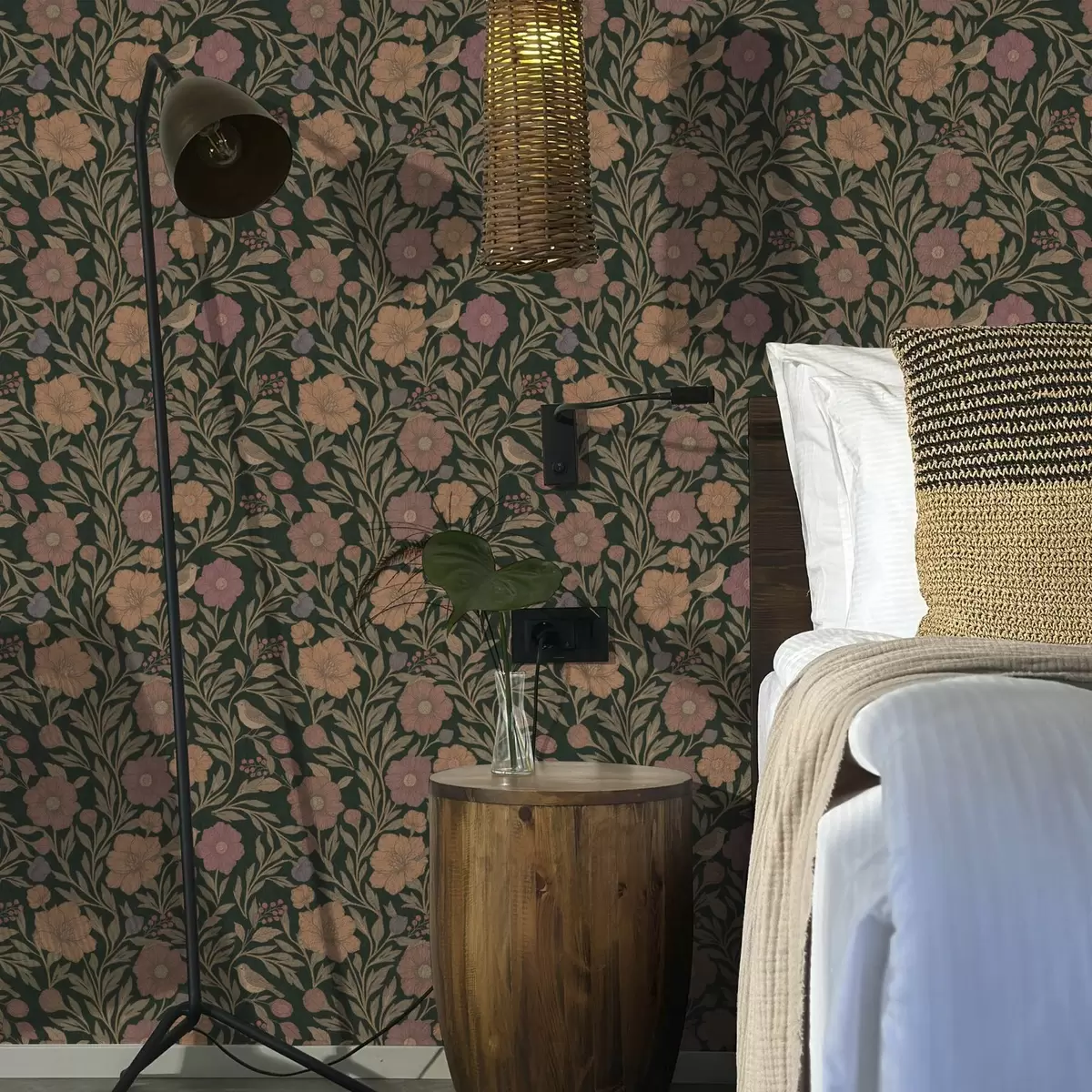 Háttérkép Őszi virágok és madarak mély smaragd zöld háttér előtt a00605v1