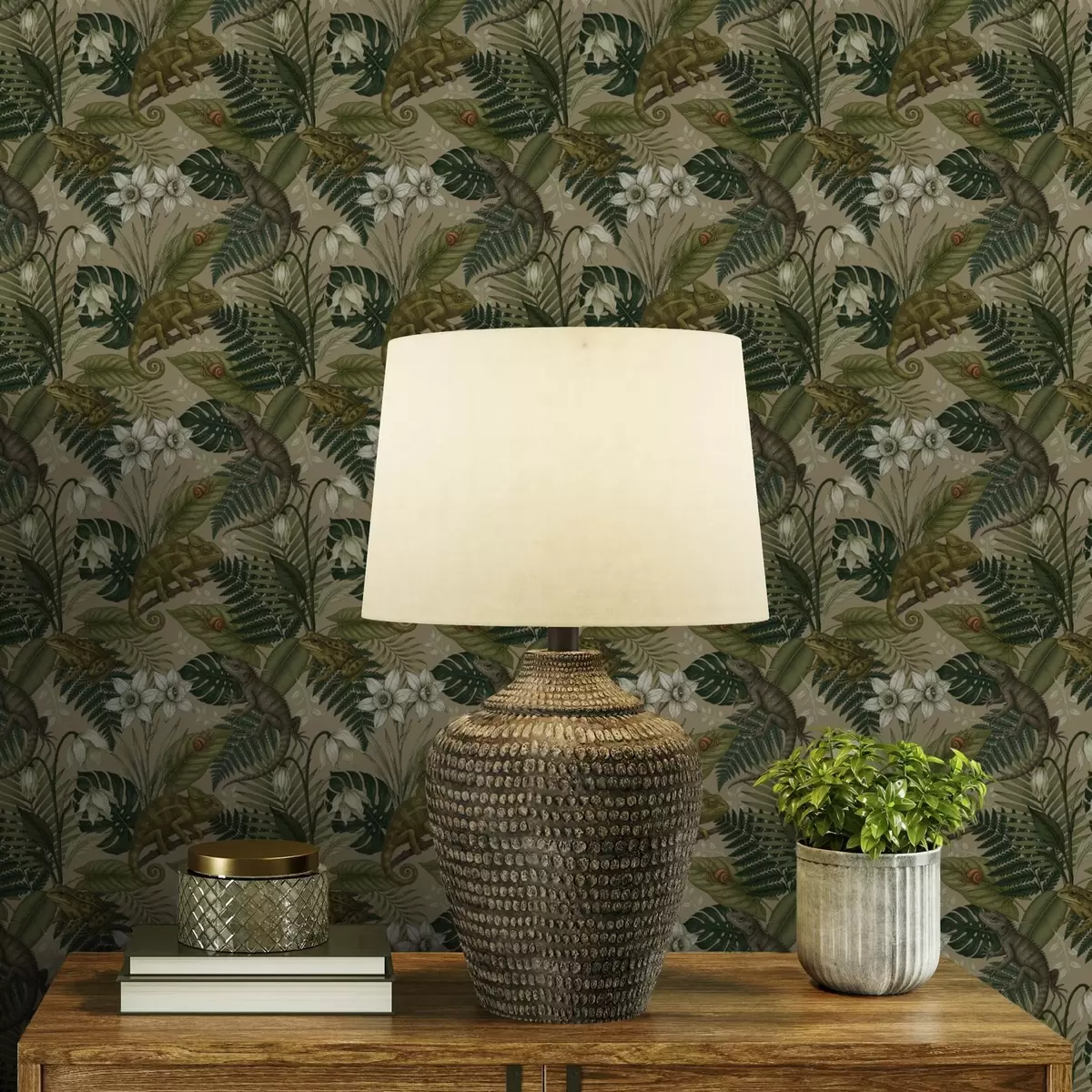 Háttérkép Kaméleonok és trópusi levelek, fehér virágok, bézs alap a00608