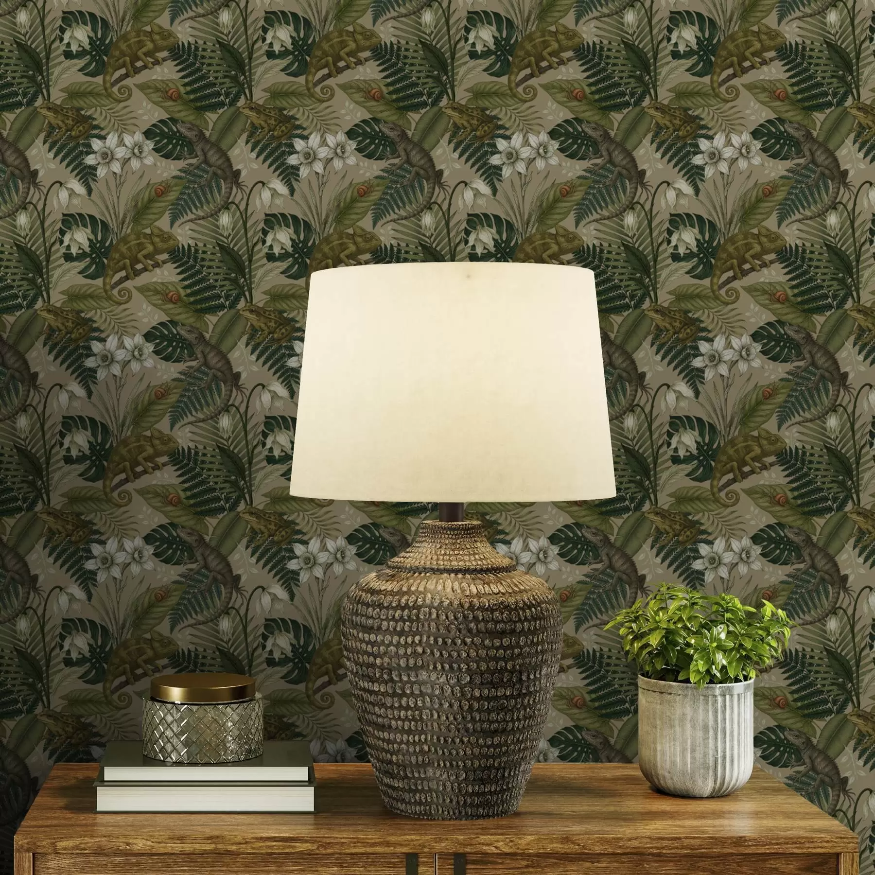 fotószőnyeg Kaméleonok és trópusi levelek, fehér virágok, bézs alap a00608