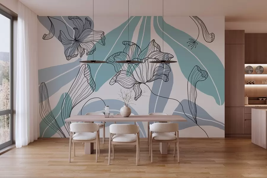 fotószőnyeg kék árnyalatú absztrakt levelek és virágok w04499v2