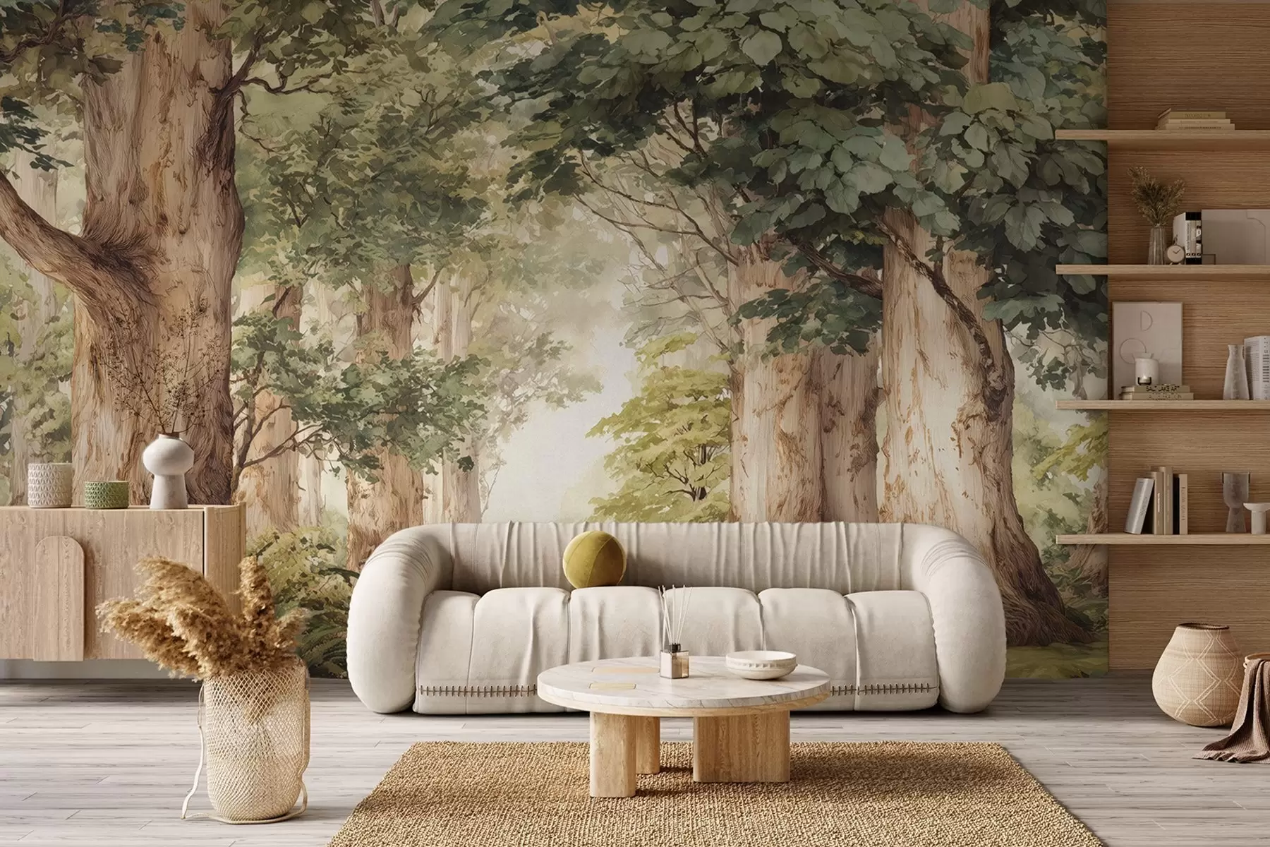 fotószőnyeg Akvarell stílusú erdei ösvény hatalmas fák között w09404