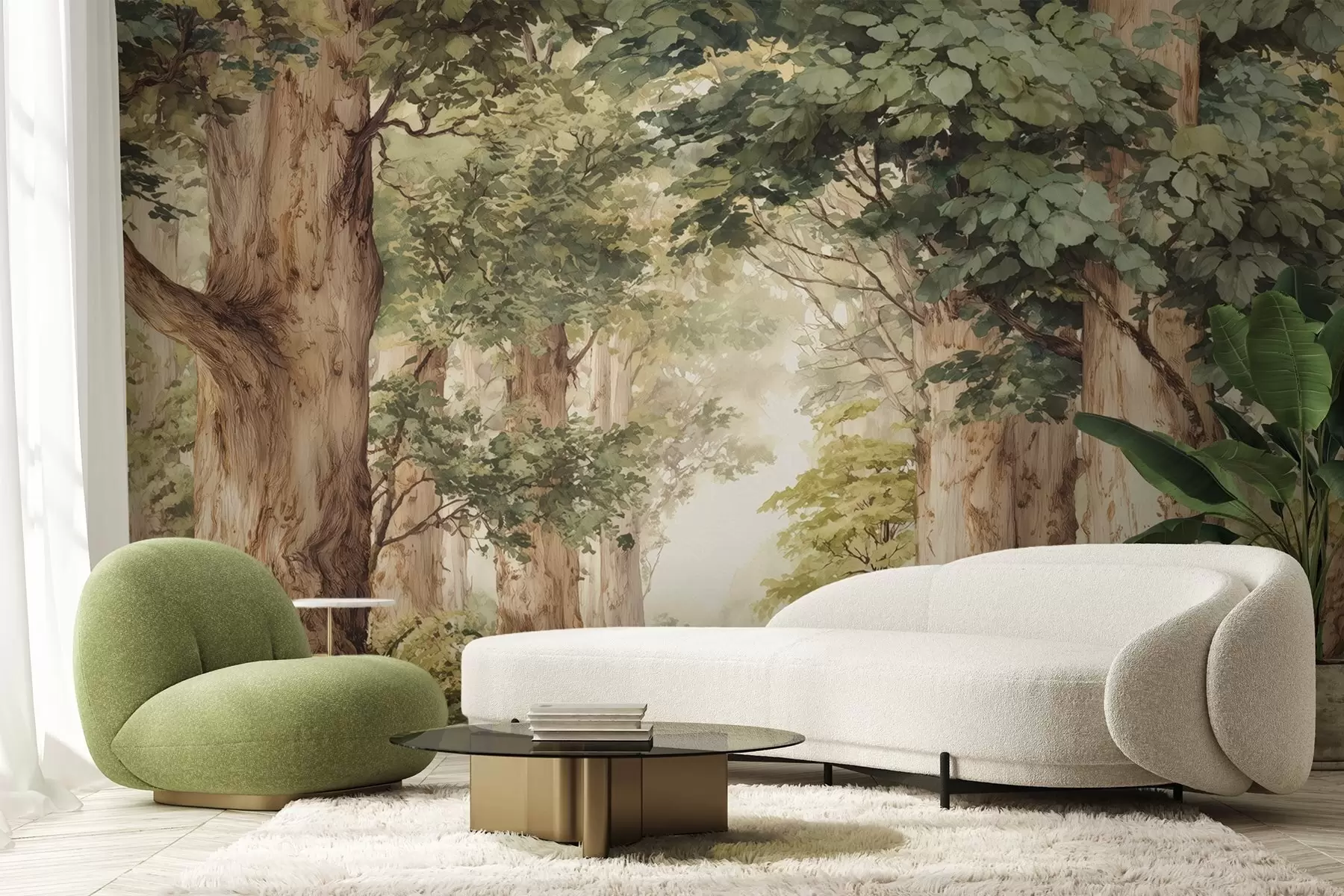 fotószőnyeg Akvarell stílusú erdei ösvény hatalmas fák között w09404