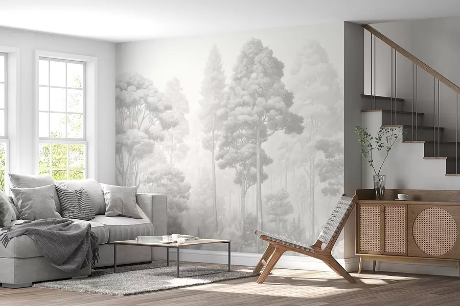 fotószőnyeg Művészi erdő tájkép fekete-fehér grafikai árnyékolás technikával w09411