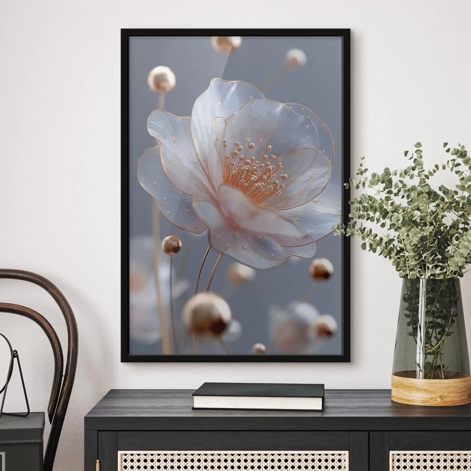 fotószőnyeg Átlátszó virág kék alapon, rézszínű porzókkal f45880