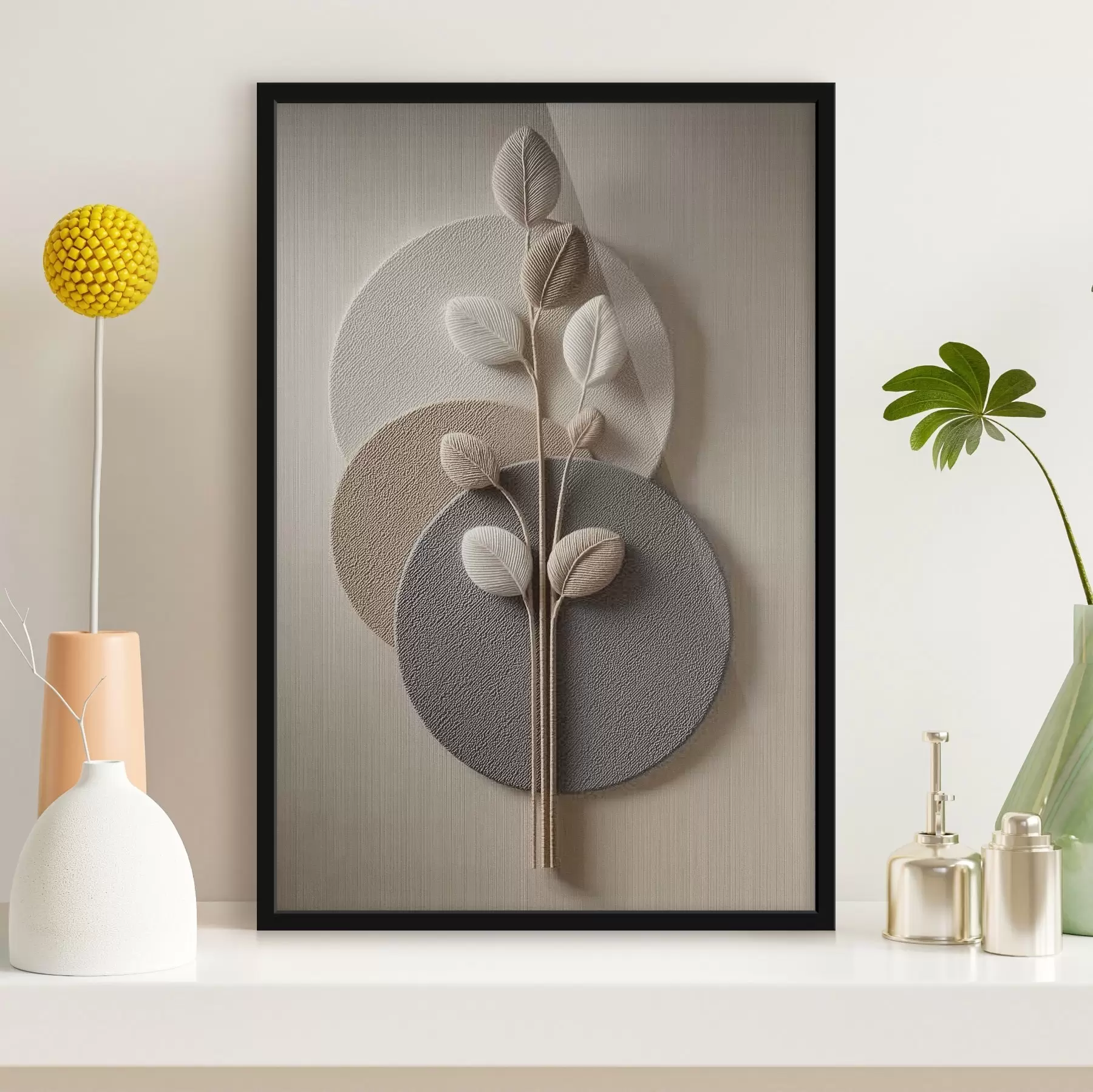 fotószőnyeg Relief körök és ág meleg semleges színekben f45883