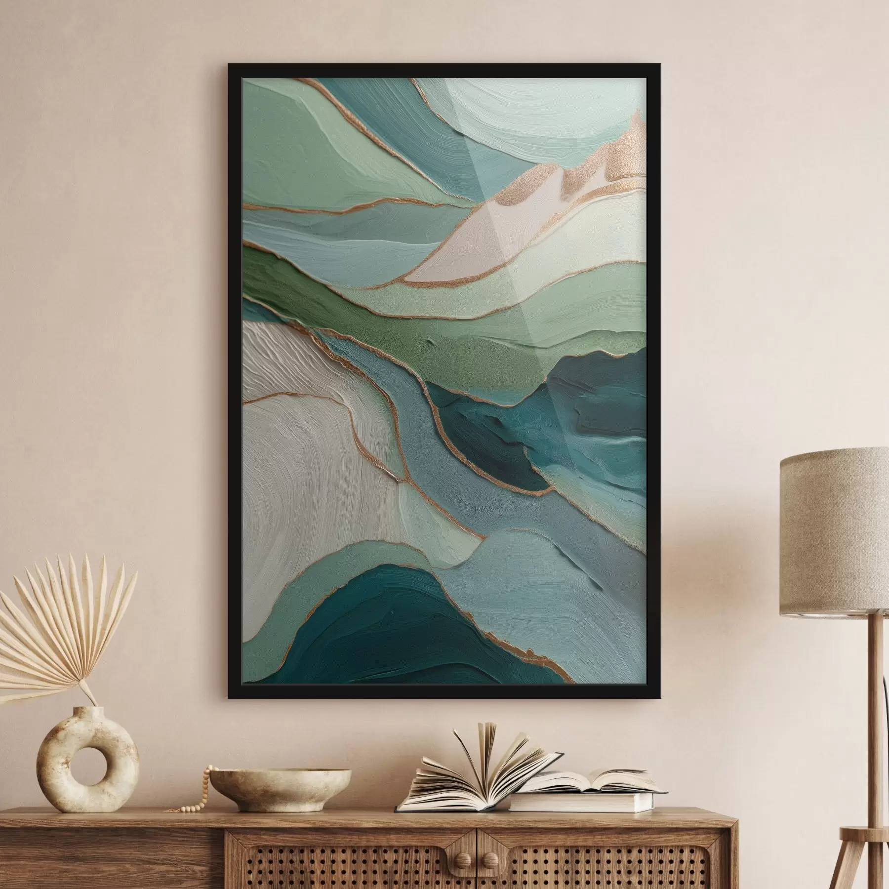 fotószőnyeg Réteges zöld absztrakció sárga vonalakkal és mélységgel f45902