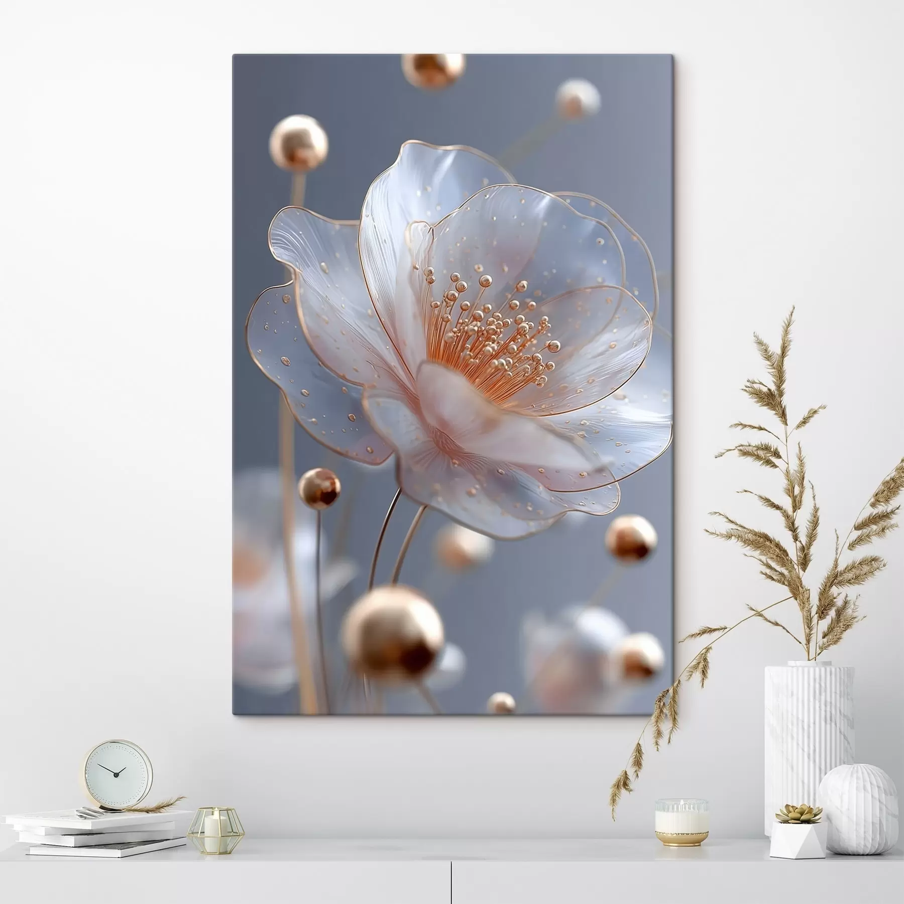 fotótapéta Átlátszó virág kék alapon, rézszínű porzókkal s45880