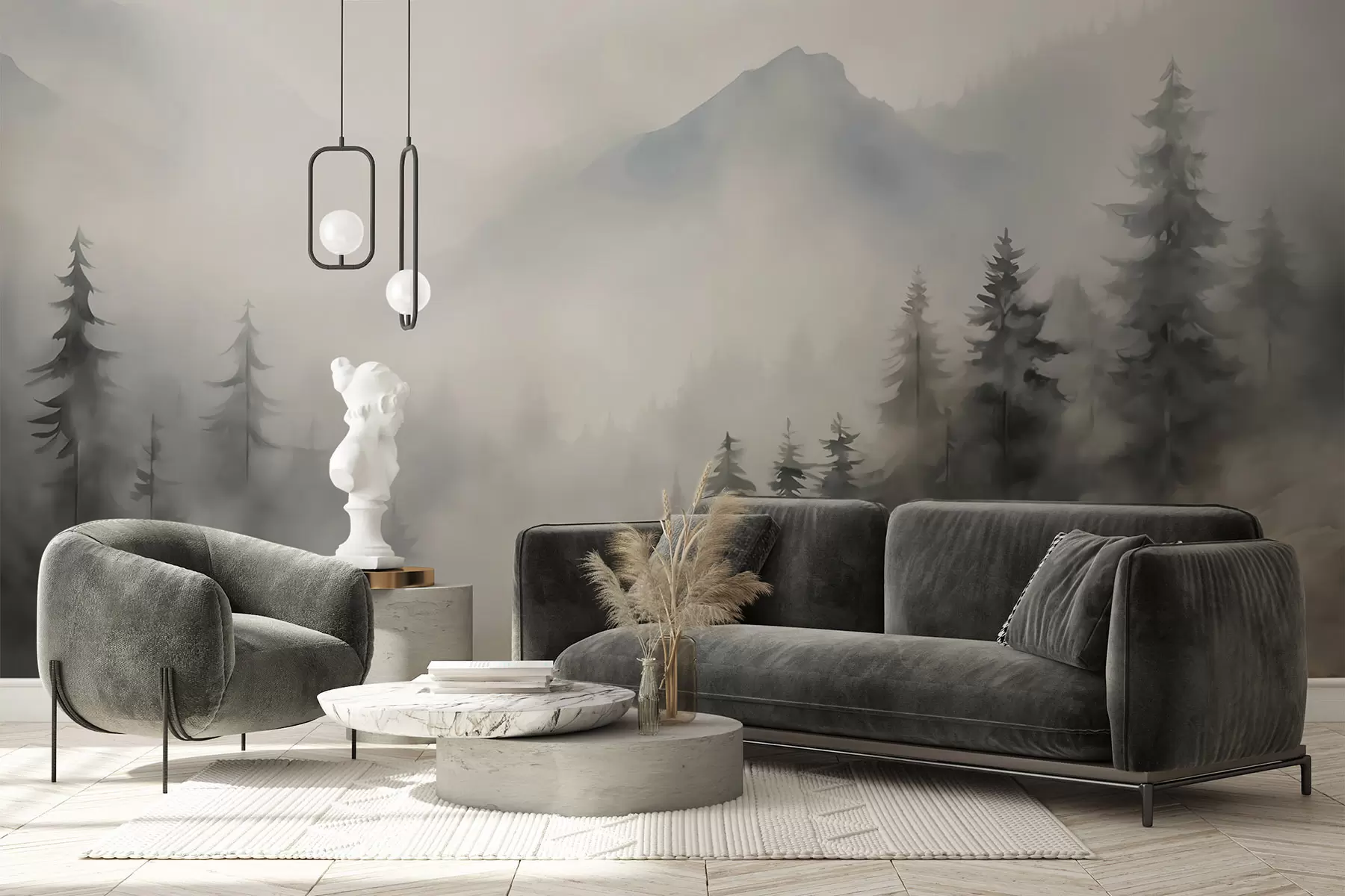 fotószőnyeg Ködös erdő a hegyek hátterében w04493