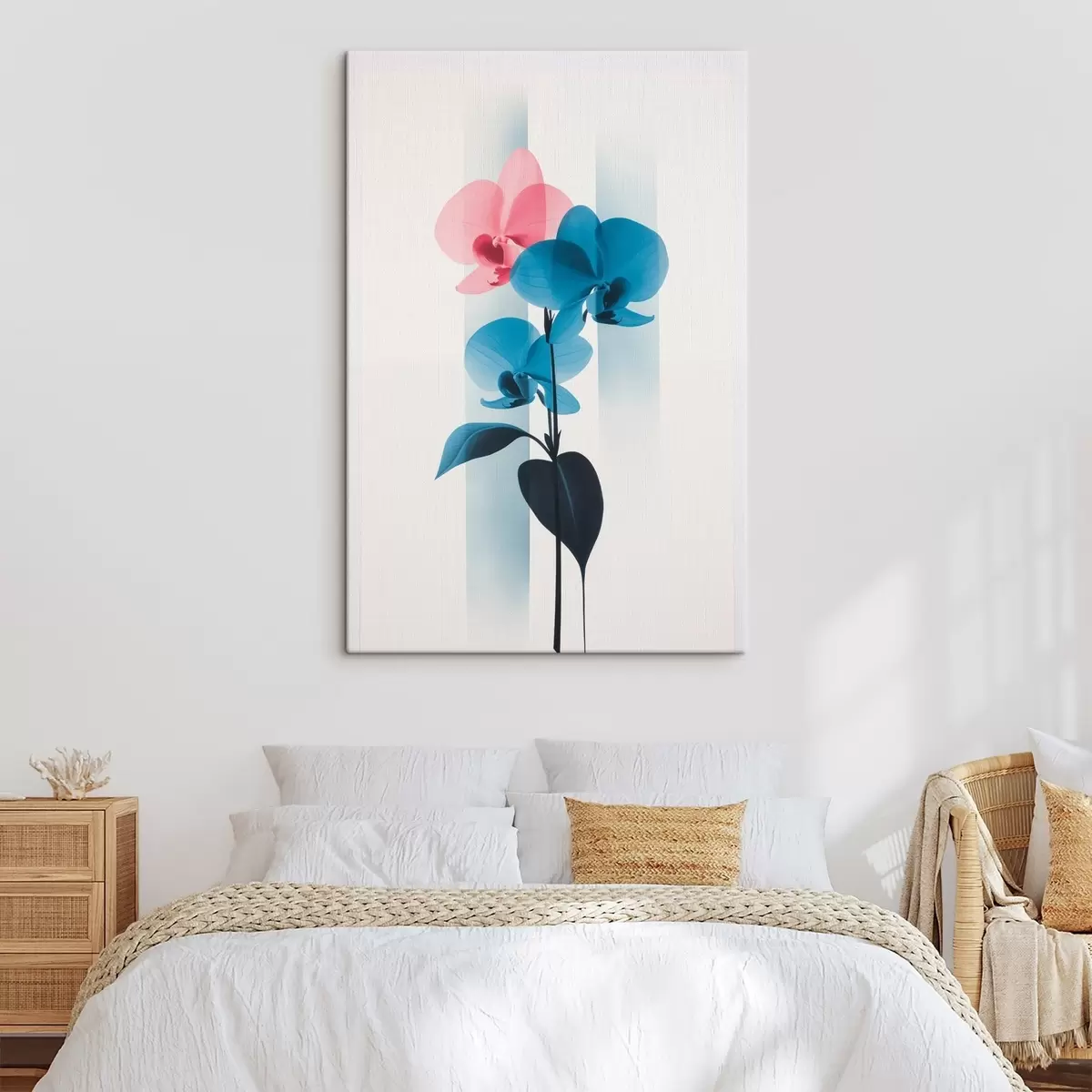 fotótapéta Fehér alapon, függőleges csíkokkal díszített levelű orchideák s45925
