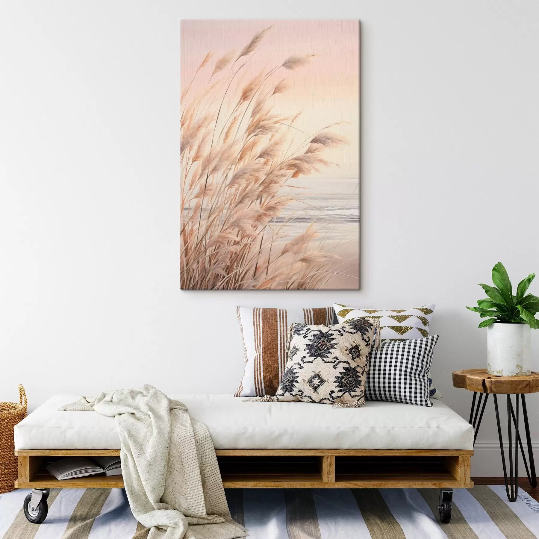 fotótapéta Pampas fű pasztell narancssárga színpalettával, világos rózsaszín égbolttal, nyugodt tájjal s45934