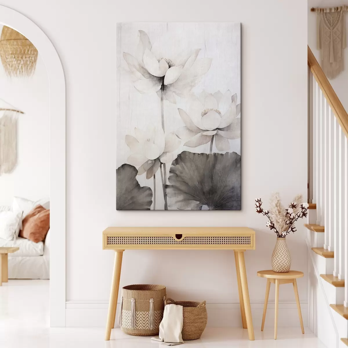 fotótapéta Fehér textúrájú lótuszvirágok sötét levelekkel, világos háttérrel, minimalista dizájn s45936