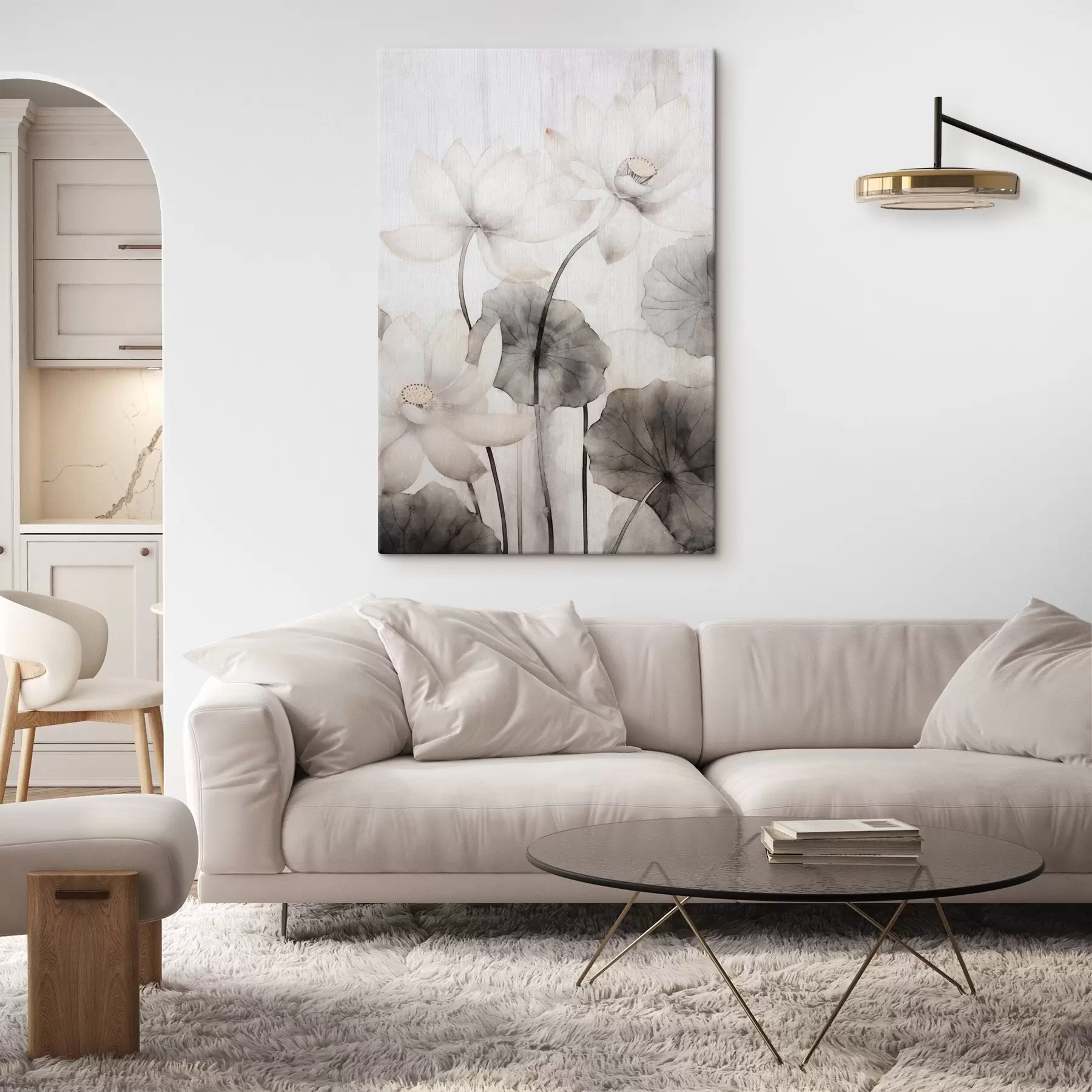 fotótapéta Fehér textúrájú lótuszvirágok sötét levelekkel, világos háttérrel, minimalista dizájn s45937