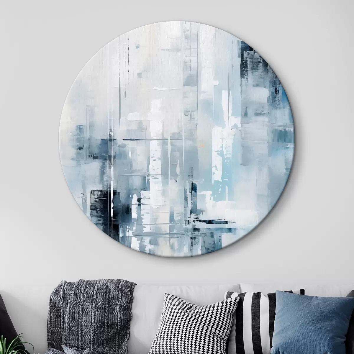 Kerek festmények Absztrakt festmény utánzat kék, szürke és fehér színekkel, függőleges vonalakkal és geometriai alakzatokkal r45927