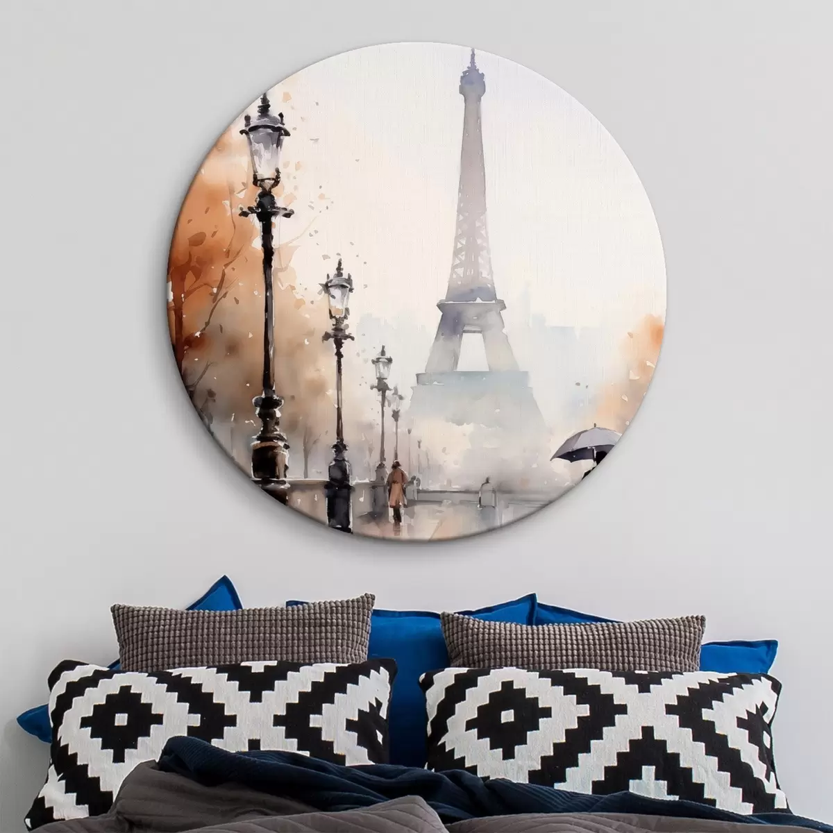 Kerek festmények Esős nap Párizsban, az Eiffel-torony háttérben és vintage utcai lámpákkal r45930