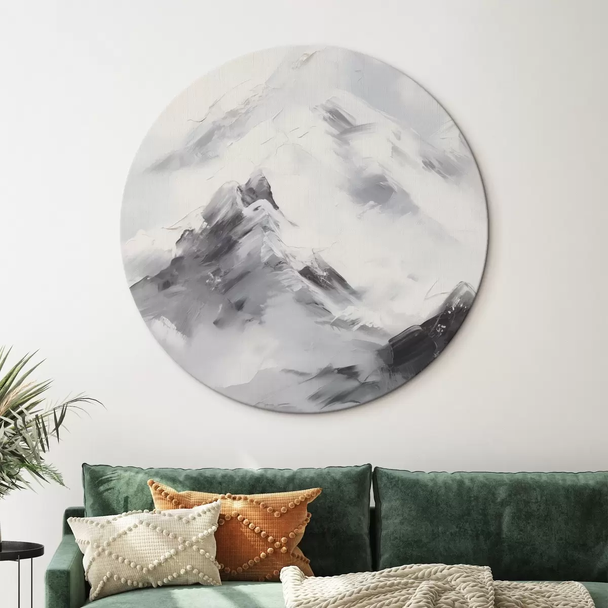 Kerek festmények Havas hegycsúcsok szürke árnyékokkal, szürke ég, ecsetvonások, texturált, minimalista r45933