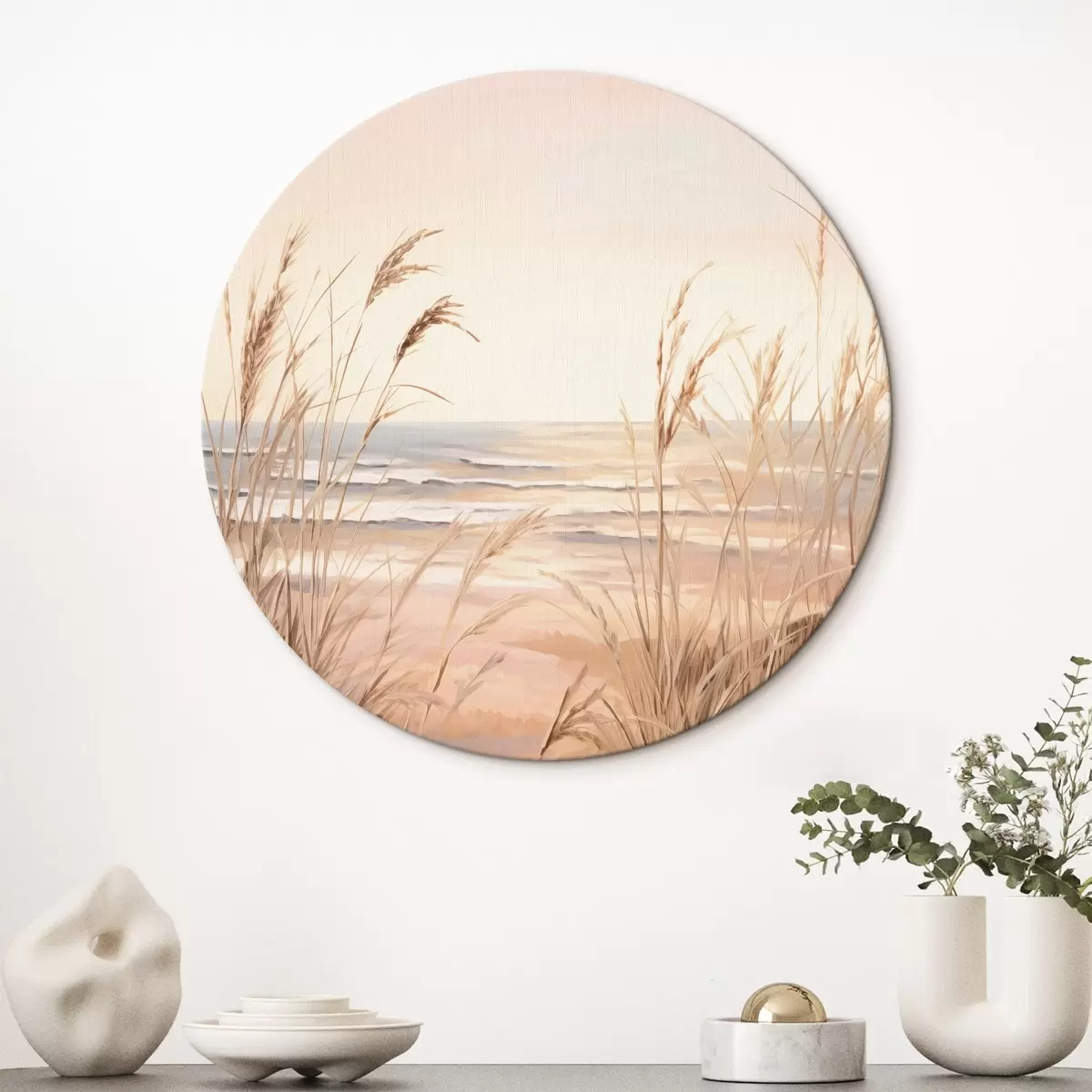 Kerek festmények Pampas fű pasztell narancssárga színpalettával, világos rózsaszín égbolttal, nyugodt tájjal r45935