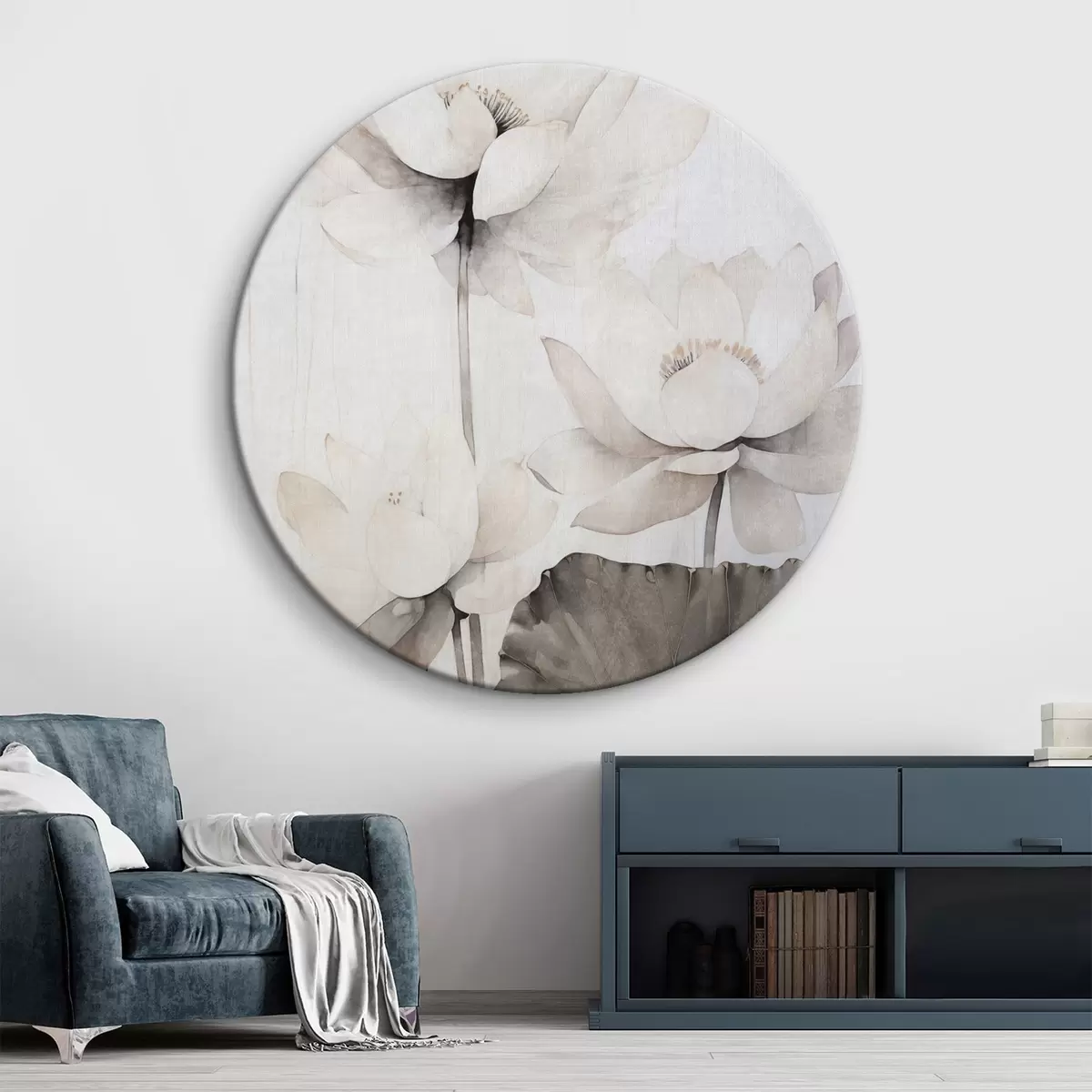 Kerek festmények Fehér textúrájú lótuszvirágok sötét levelekkel, világos háttérrel, minimalista dizájn r45936