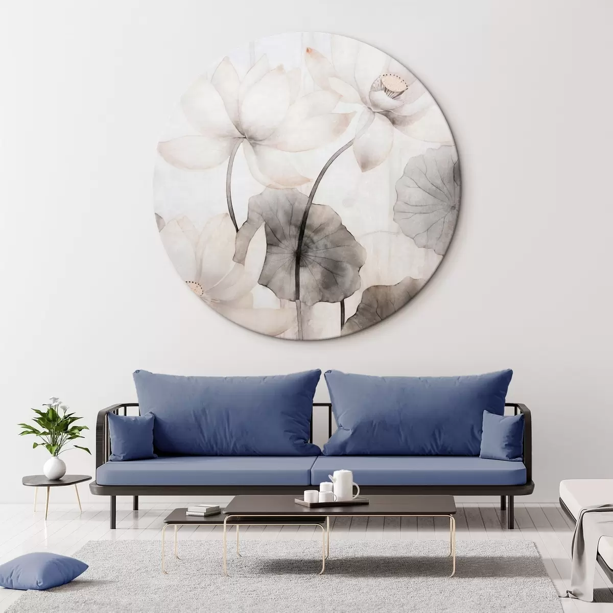 Kerek festmények Fehér textúrájú lótuszvirágok sötét levelekkel, világos háttérrel, minimalista dizájn r45937