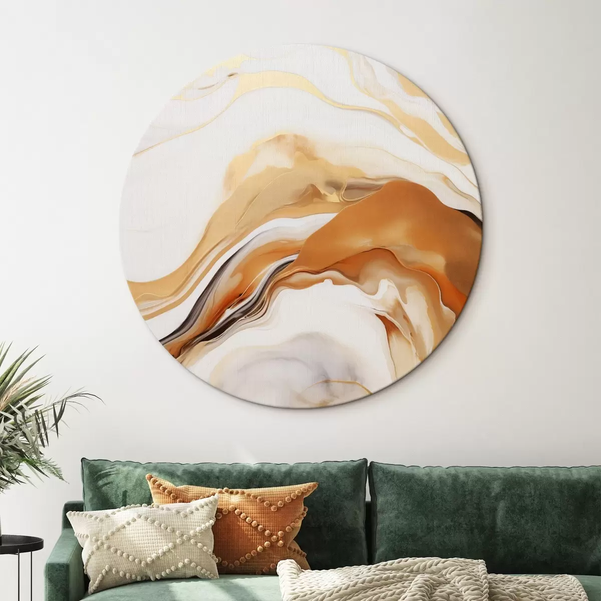 Kerek festmények Absztrakt festmény utánzat folyékony formákkal, fehér, narancssárga és barna árnyalatokban, minimalista stílusban r45938