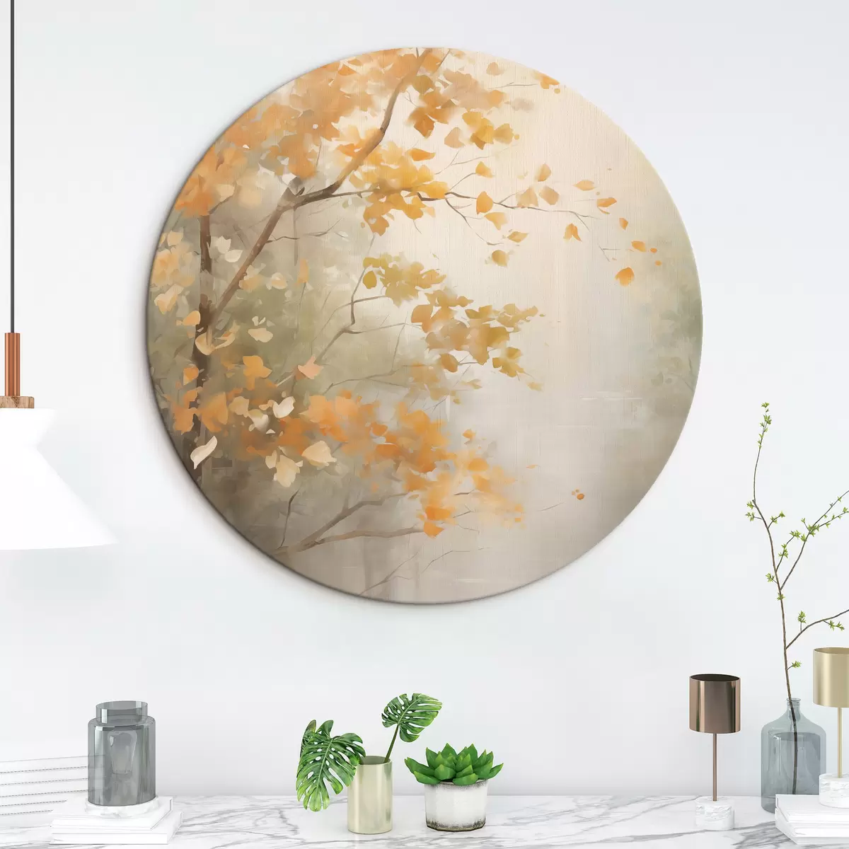 Kerek festmények Őszi faágak narancssárga levelekkel egy lágy fényű erdőben r45940