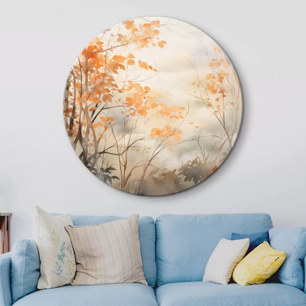 Kerek festmények Őszi fák narancssárga levelekkel és ágakkal, lágy akvarell stílusban, finom ecsetvonásokkal r45941