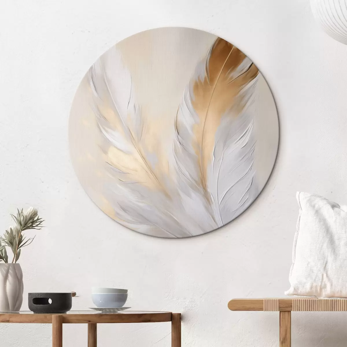 Kerek festmények Narancssárga akcentussal ellátott tollak, lágy világítás, texturált minimalista kompozíció, modern művészet r45944