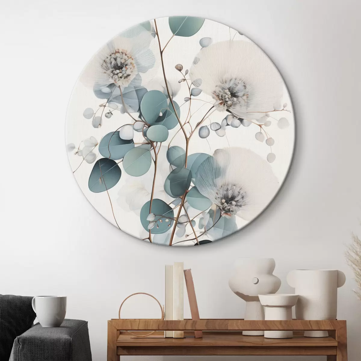 Kerek festmények Eukaliptusz absztrakt virágok fehér szirmokkal, halványzöld levelekkel az ágakon r45946