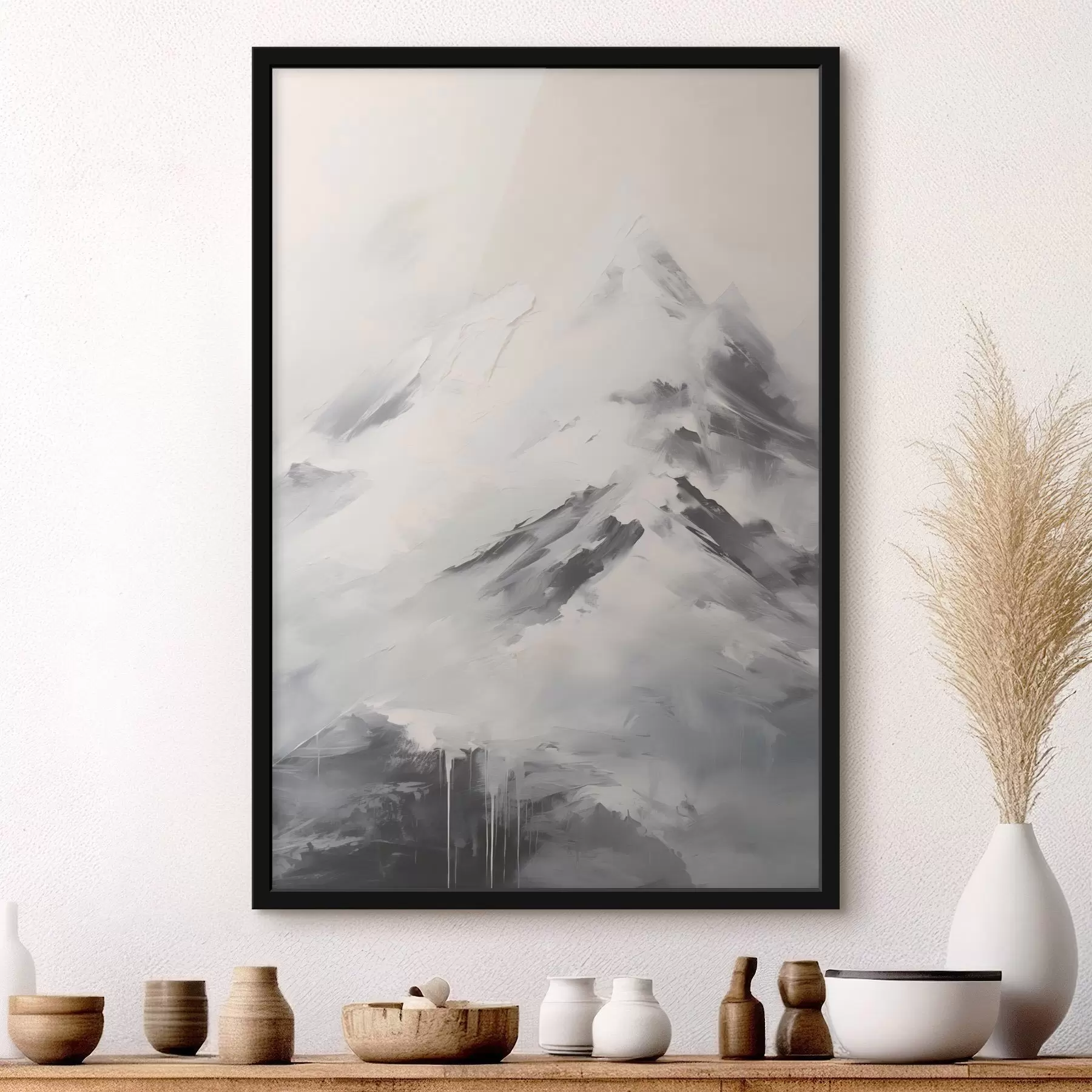 fotószőnyeg Havas hegycsúcsok szürke árnyékokkal, szürke ég, ecsetvonások, texturált, minimalista f45932