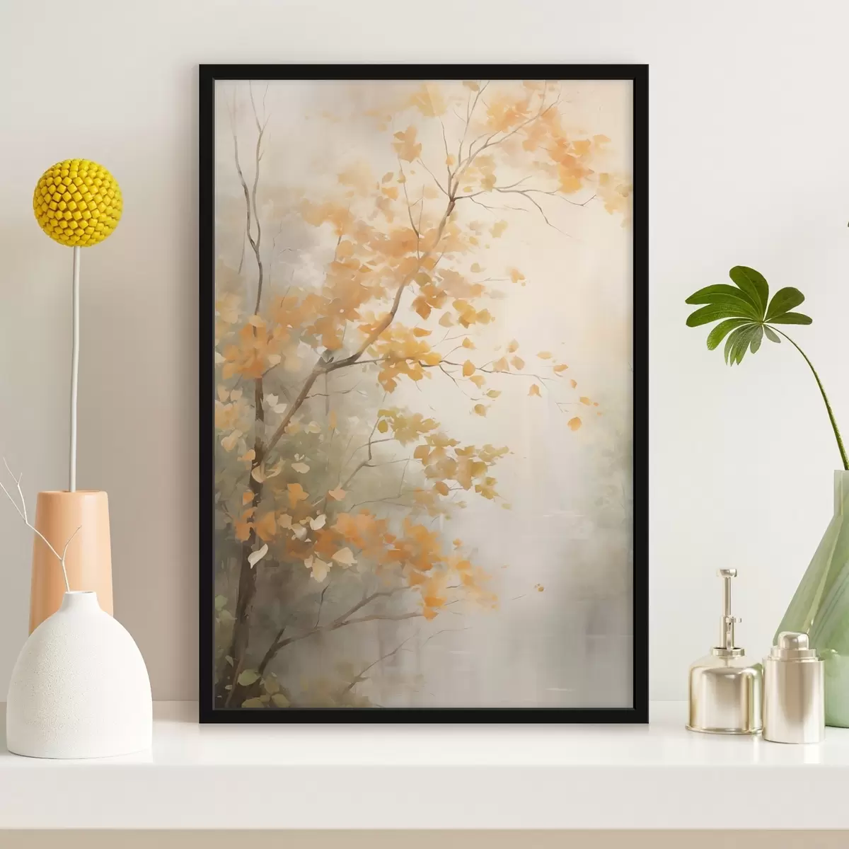 Plakát a sziklán Őszi faágak narancssárga levelekkel egy lágy fényű erdőben f45940