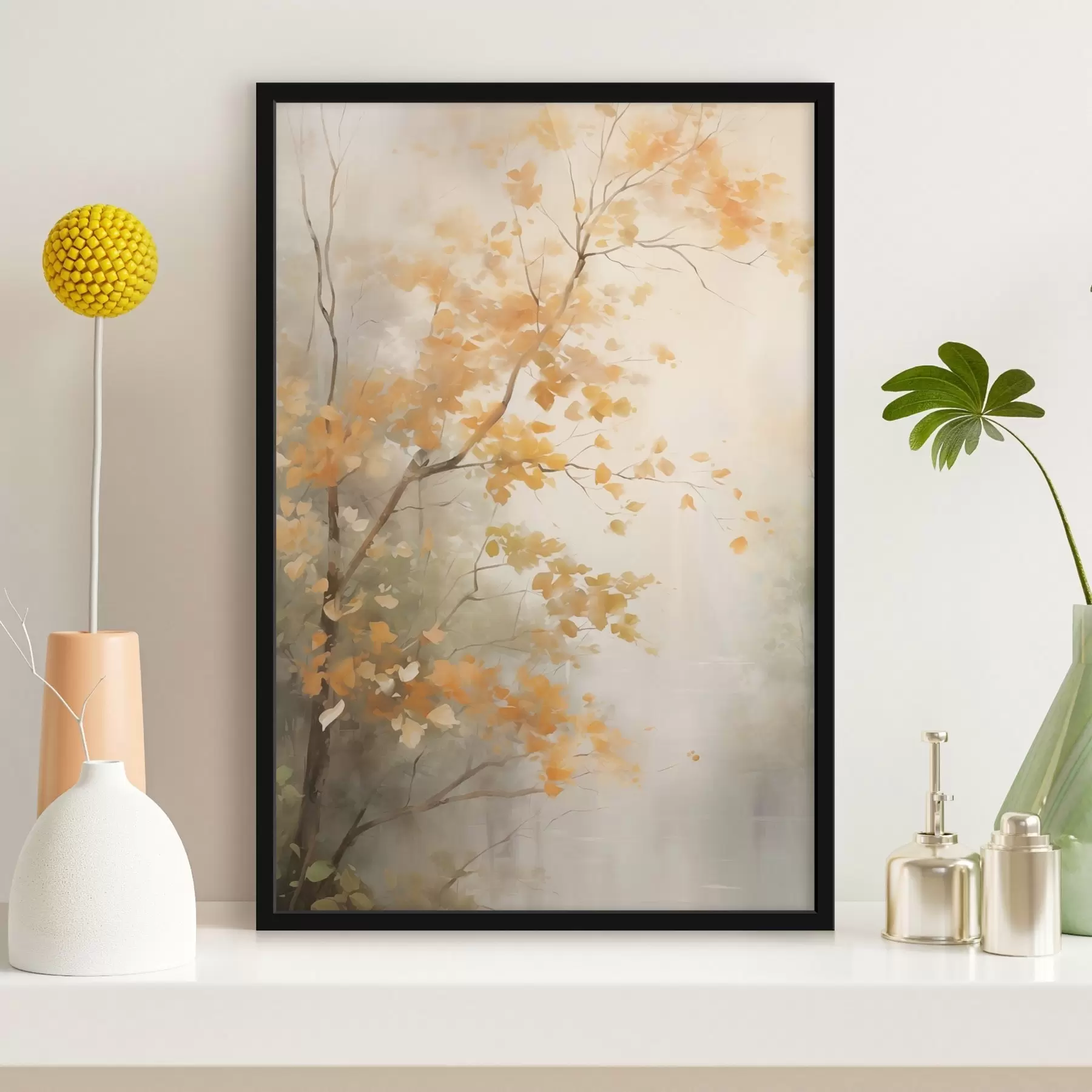 fotószőnyeg Őszi faágak narancssárga levelekkel egy lágy fényű erdőben f45940