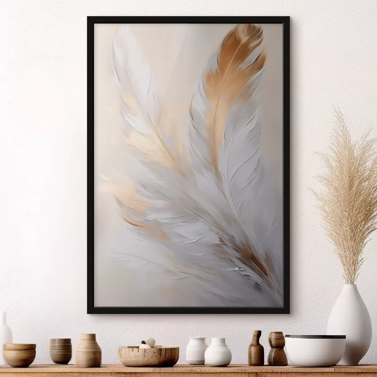 Plakát a sziklán Narancssárga akcentussal ellátott tollak, lágy világítás, texturált minimalista kompozíció, modern művészet f45944