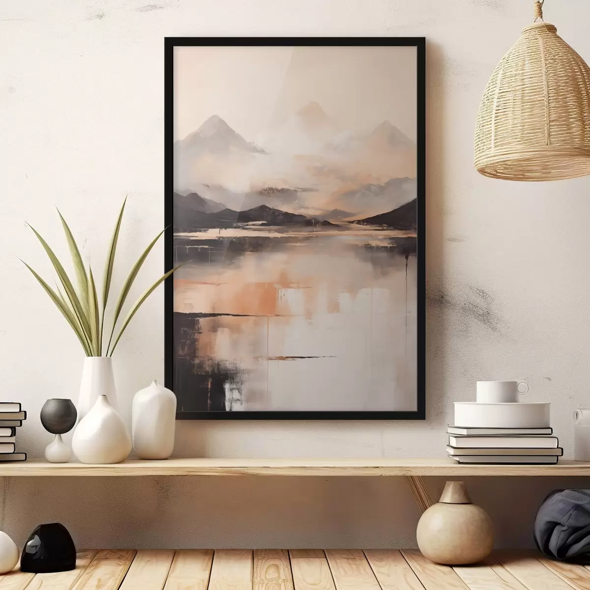 Plakát a sziklán Hegységeket és tavat ábrázoló, texturált festmény f45950