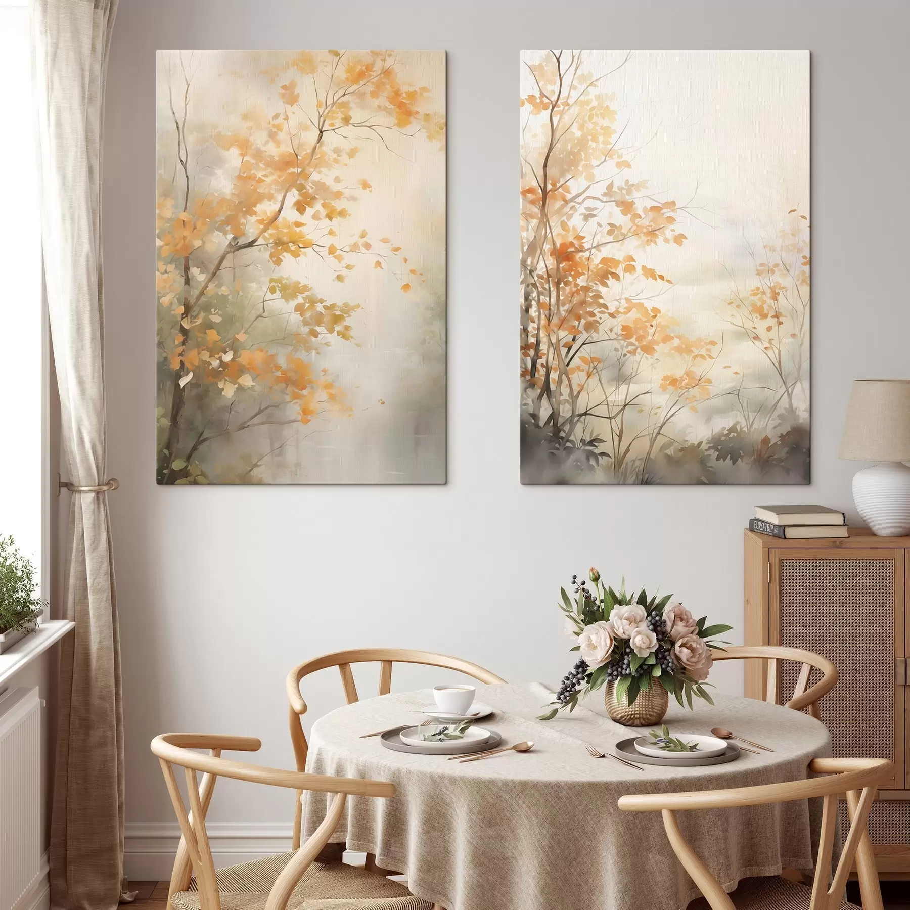 fotótapéta Őszi fák narancssárga levelekkel és ágakkal, lágy akvarell stílusban, finom ecsetvonásokkal m00826