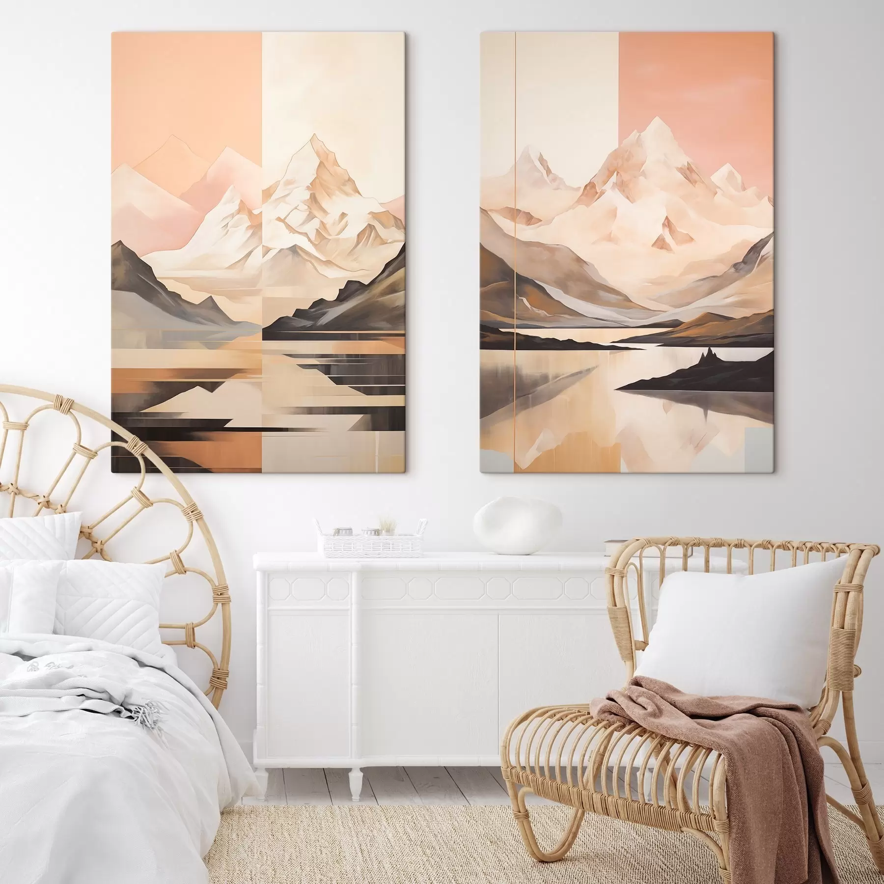 fotótapéta Absztrakt táj hegyekkel és tóval, pasztell színekkel, minimalista stílusban m00830