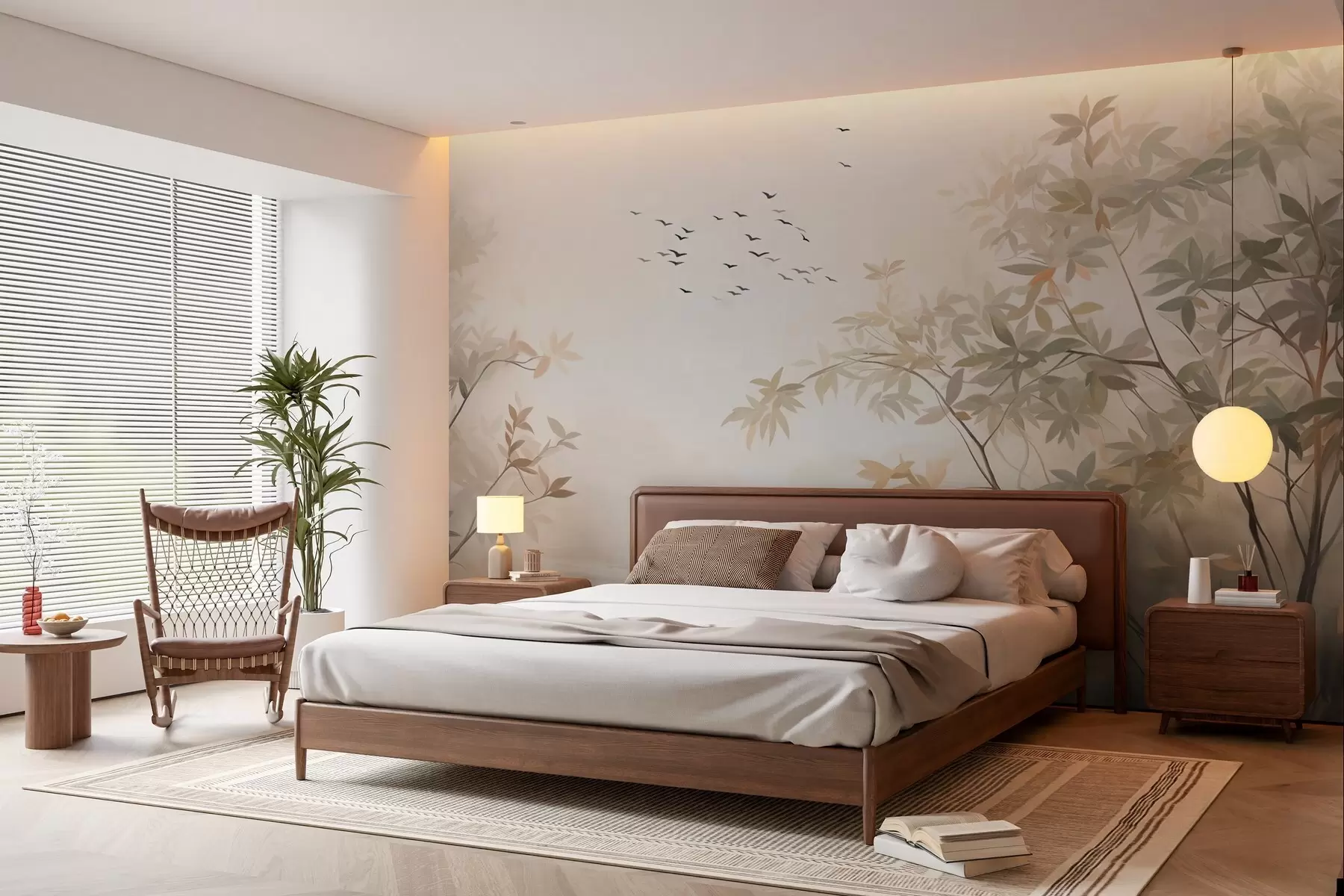 fotószőnyeg Texturált táj fákkal és az égen repülő madárrajjal, pasztell színek, természeti jelenet  w09418