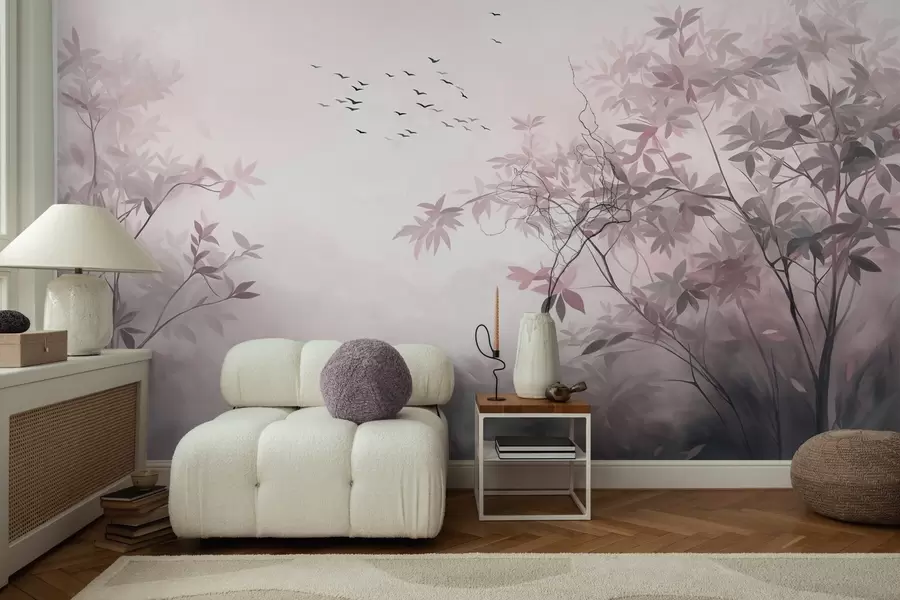 fotószőnyeg Texturált táj fákkal és az égen repülő madárrajjal, pasztell színek, természeti jelenet w09418v1