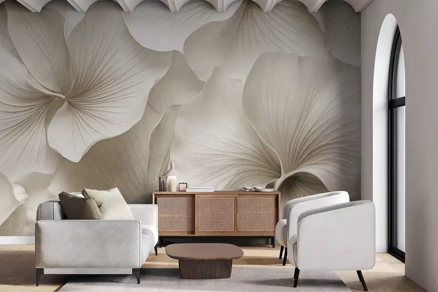 fotószőnyeg Fehér és bézs színű ginkgo levelek, puha textúra, absztrakt virágos háttér, minimalista modern stílus w09421v1