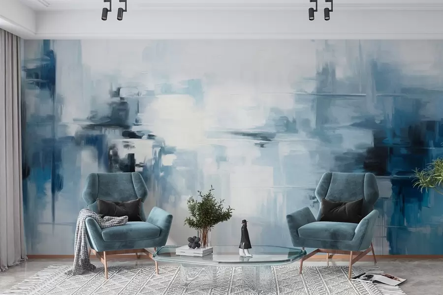 fotószőnyeg Absztrakt textúrájú tájképfestmény imitáció kék és fehér ecsetvonásokkal, modern stílusban w09422