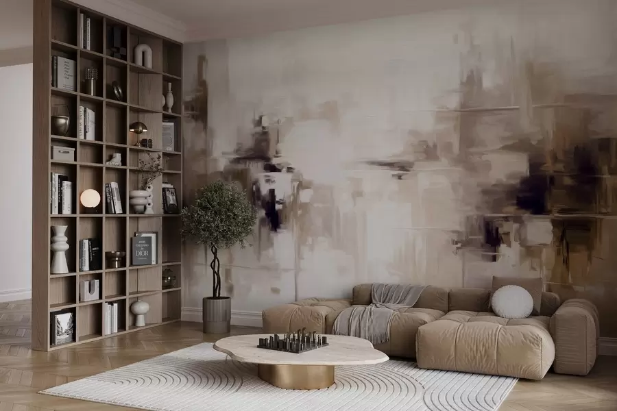 fotószőnyeg Absztrakt textúrájú tájképfestmény imitáció barna és fehér ecsetvonásokkal, modern stílusban w09422v1