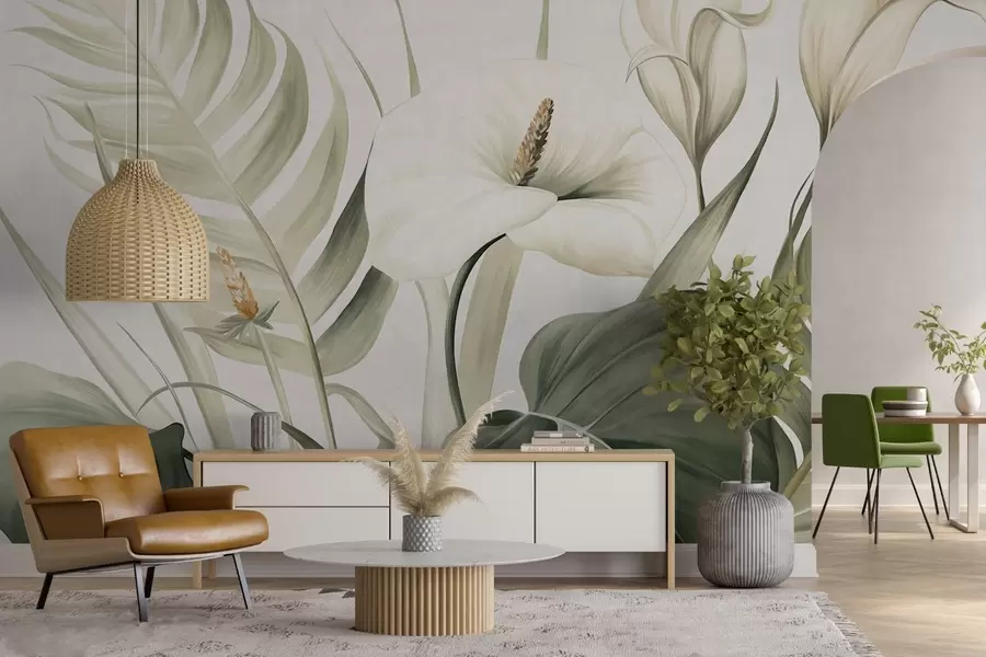 fotószőnyeg Fehér kalla liliomok és zöld trópusi levelek, botanikai illusztráció, világos háttér, vintage stílus, texturált w09423