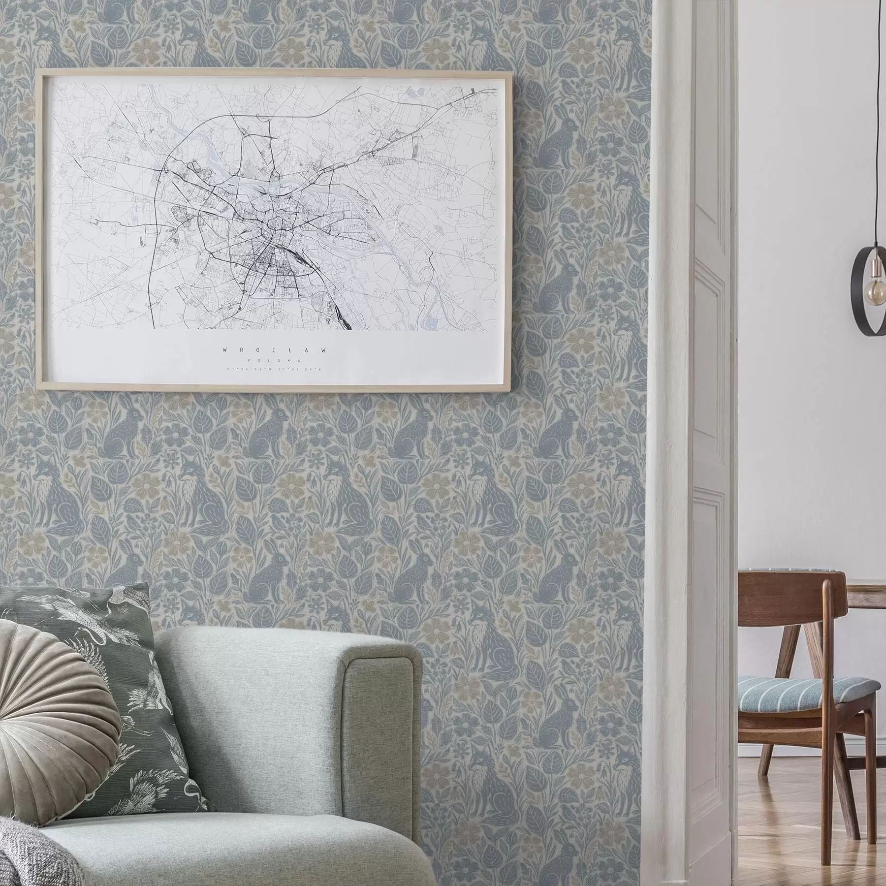 fotószőnyeg Erdő állatok és virágok: róka és nyúl kék árnyalatokban a00613