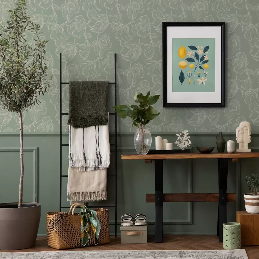 fotószőnyeg Lineáris nagy virágok, krétavonalak zsályaszín háttérrel a00625v1