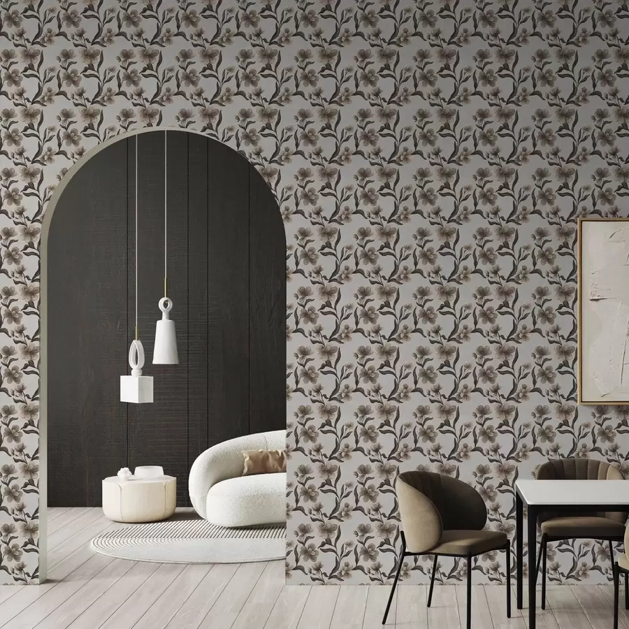 fotószőnyeg Bézs virágok és sötét ágak világosszürke háttér előtt a00626v1